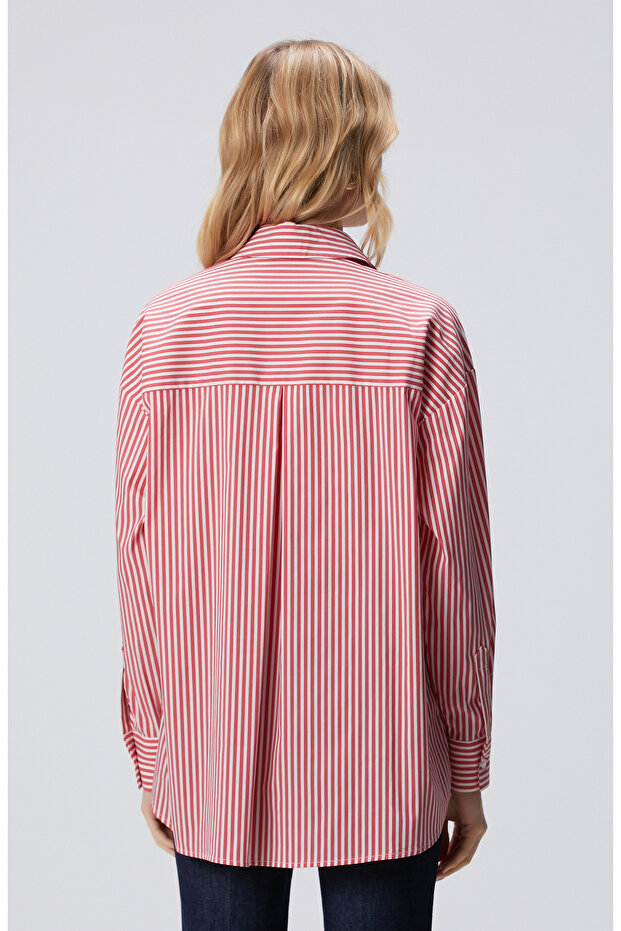 Kırmızı Beyaz Oversize Gömlek - 6