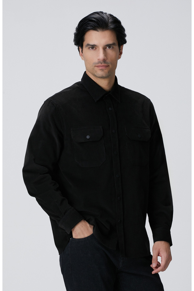 Siyah Çift Cepli Fitilli Kadife Gömlek - 4