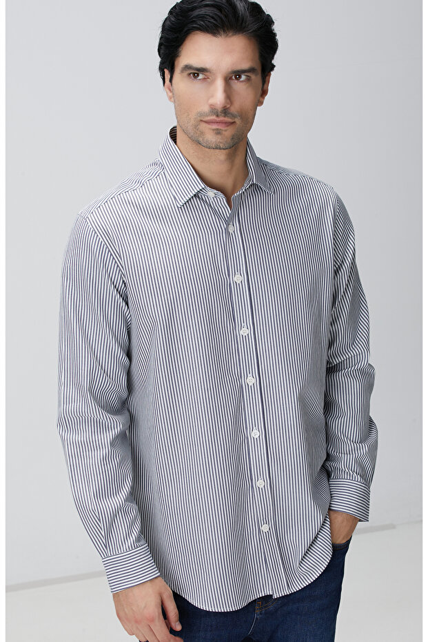 Indigo Çizgi Desenli Gömlek - 2
