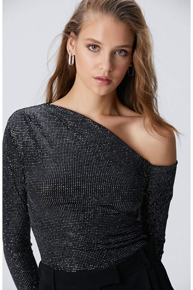 Siyah Simli Örme Bluz - 2