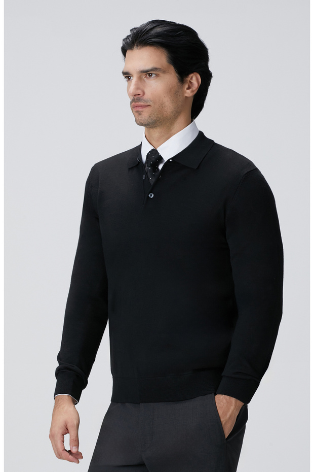 Siyah Yün Karışımlı Triko Kazak - 4