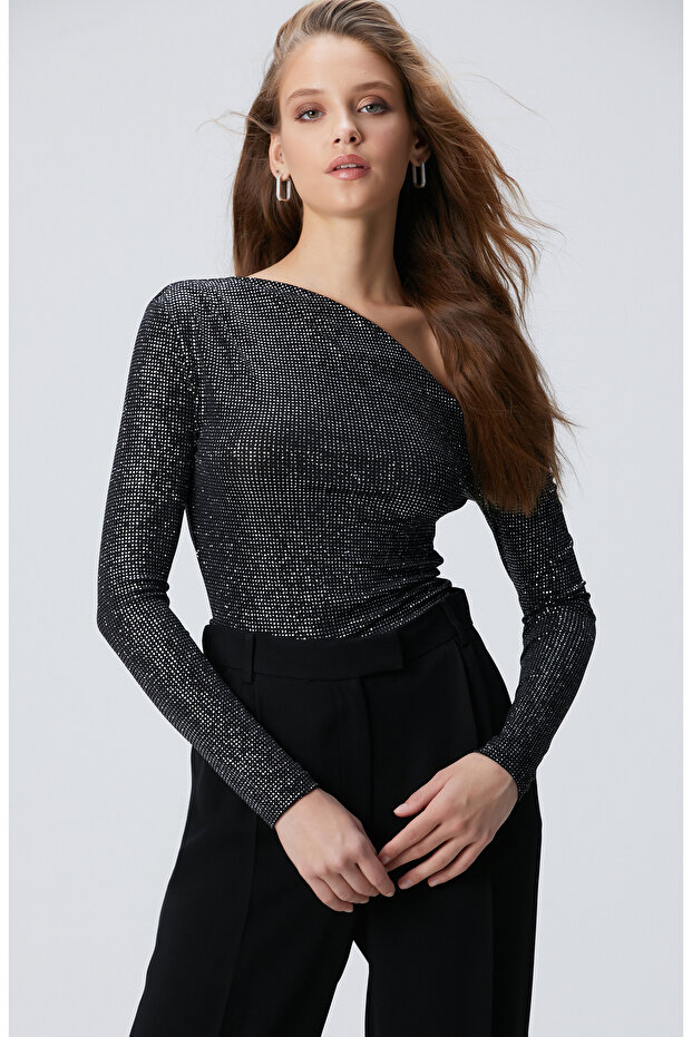 Siyah Simli Örme Bluz - 4