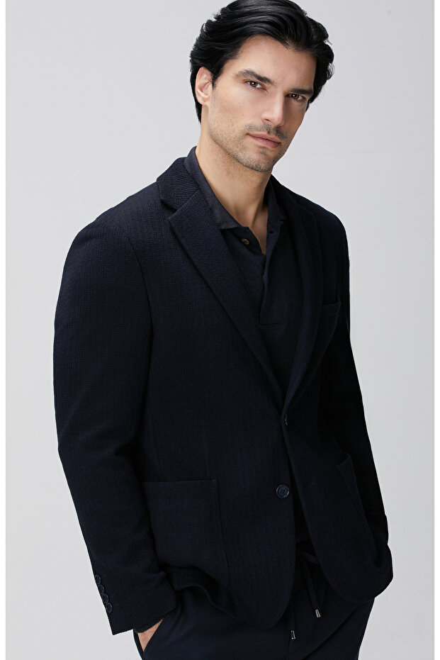 Lacivert Yün Karışımlı Örme Ceket - 2