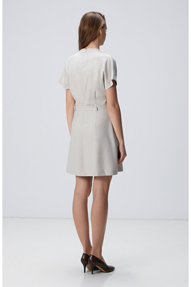 Bej Kemerli Mini Elbise - 5