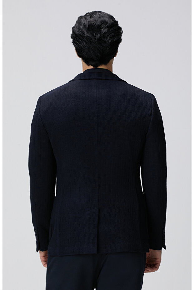 Lacivert Yün Karışımlı Örme Ceket - 5