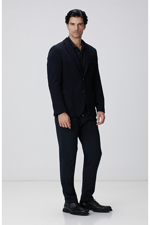 Lacivert Yün Karışımlı Örme Ceket - 3