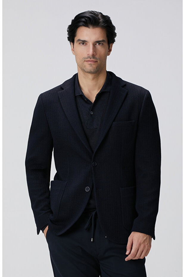 Lacivert Yün Karışımlı Örme Ceket - 1