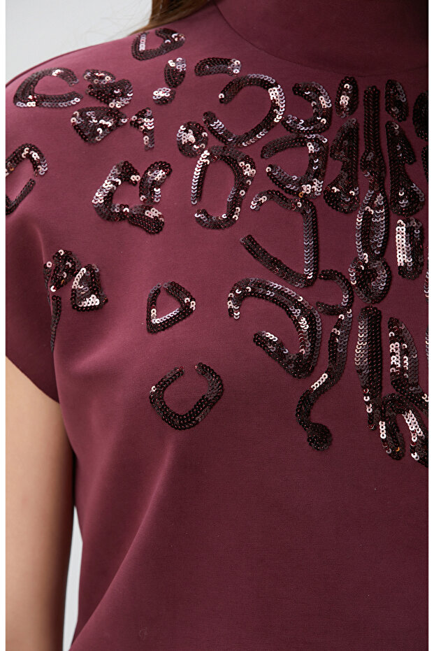 Bordo Payet İşlemeli T-shirt - 6