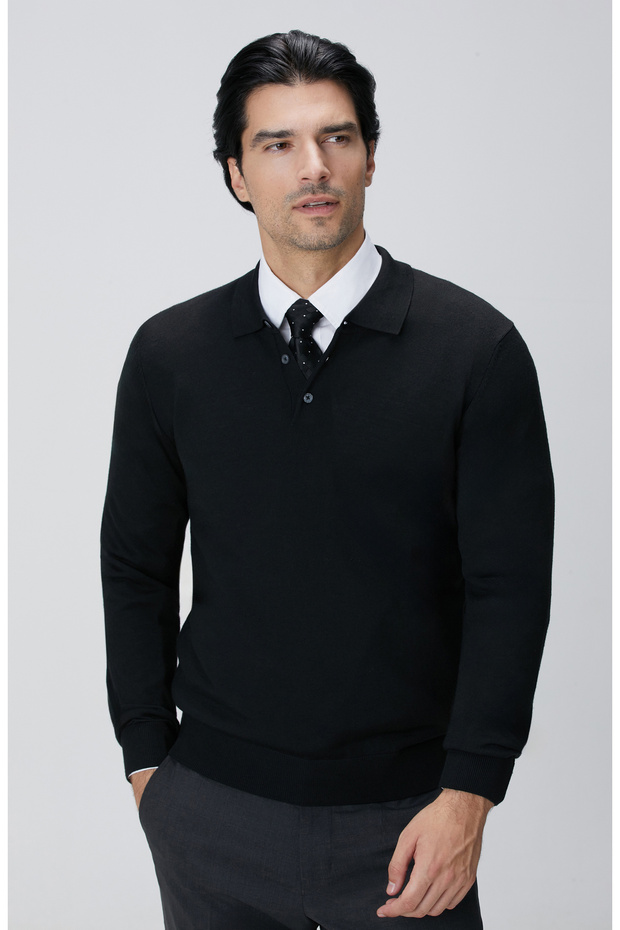 Siyah Yün Karışımlı Triko Kazak - 2