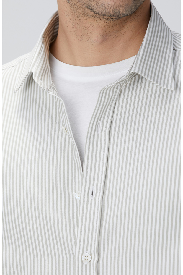 Bej Çizgi Desenli Gömlek - 6