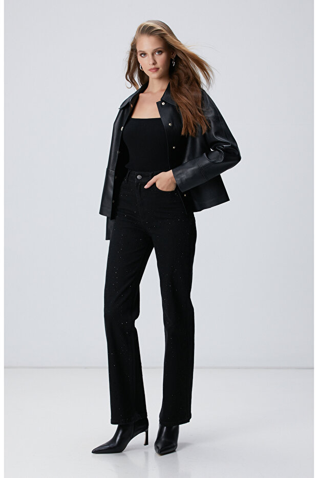 Siyah Geniş Paça Taşlı Pantolon - 2
