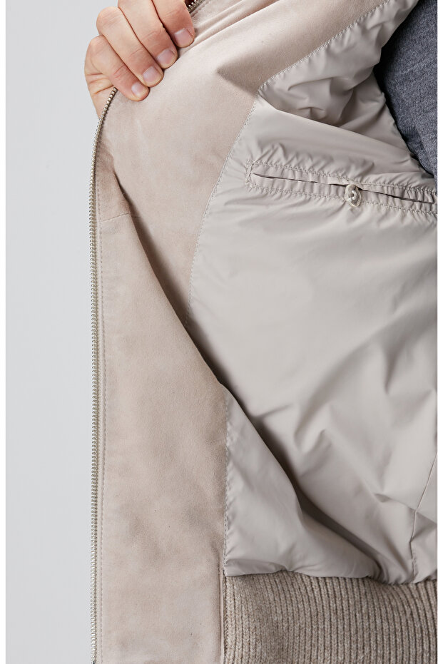 Bej Triko Detaylı Deri Mont - 9