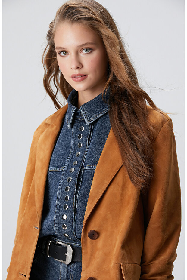Camel Blazer Süet Deri Ceket - 2