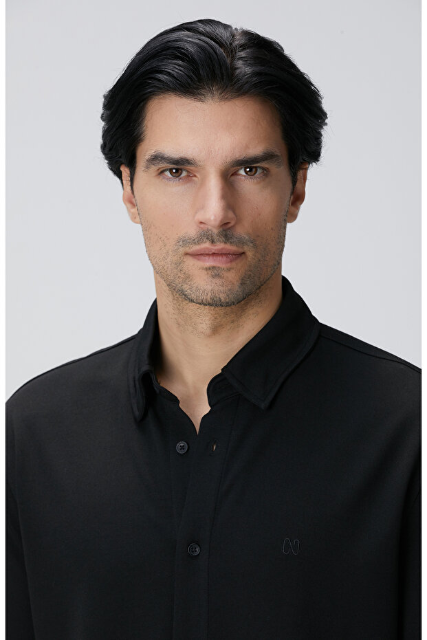 Siyah Uzun Kollu Örme Gömlek - 6