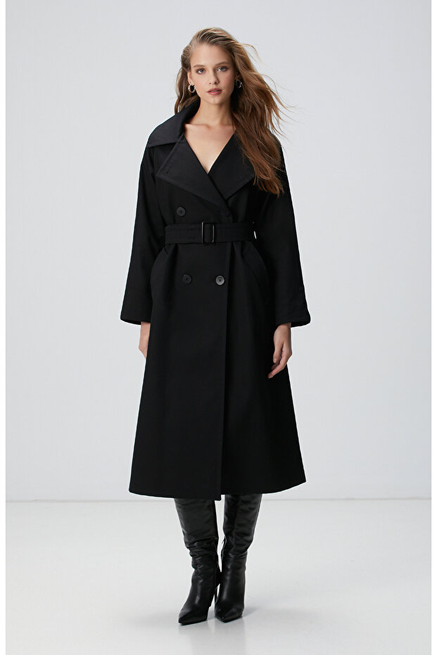 Siyah Kruvaze Trench Coat - 4