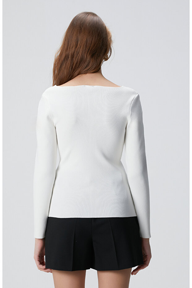 Kırık Beyaz V Yaka Basic Kazak - 5