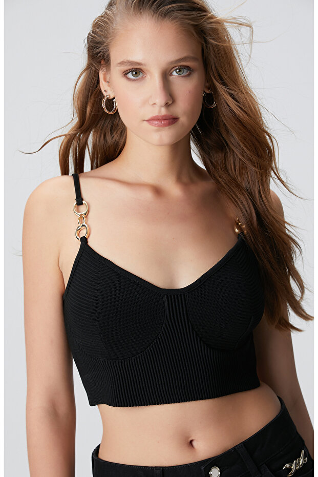 Siyah Aksesuarlı Triko Büstiyer - 2