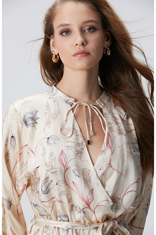 Açık Bej Desenli Mini Elbise - 3