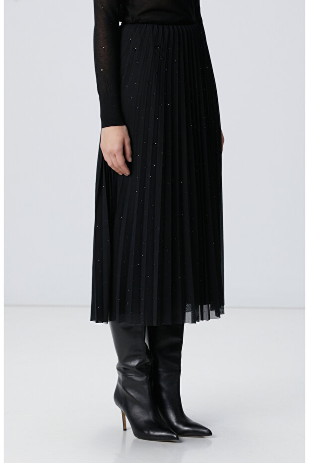 Siyah Payetli Tül Midi Etek - 4