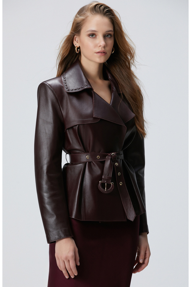 Bordo Kadın Deri Ceket - 4