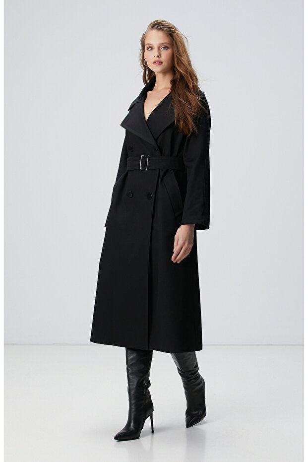 Siyah Kruvaze Trench Coat - 5