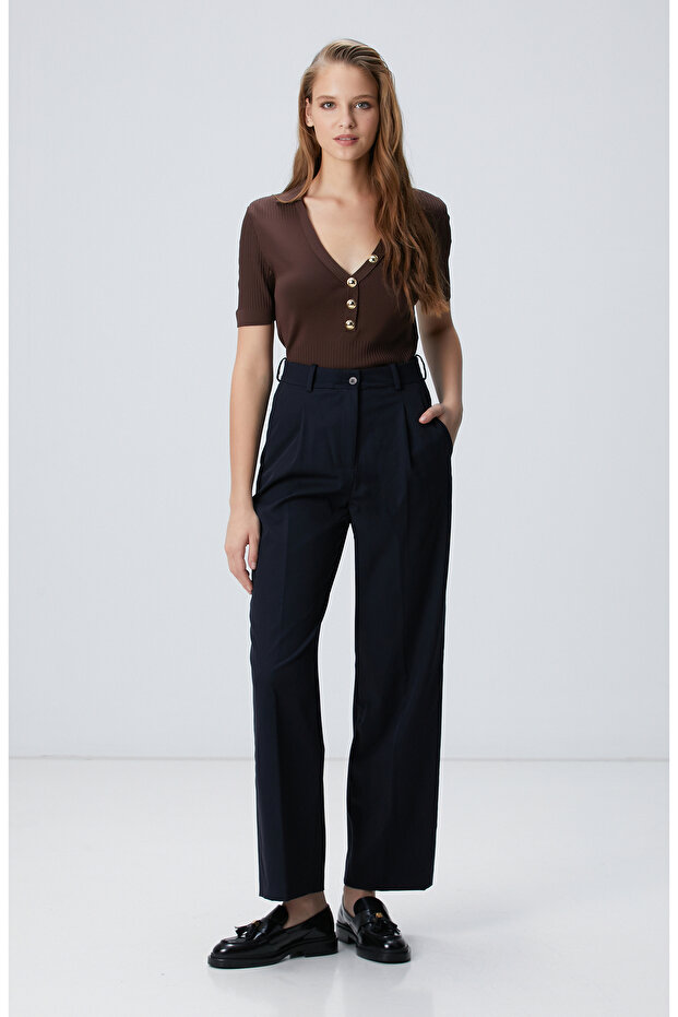 Lacivert Geniş Paça Basic Pantolon - 1