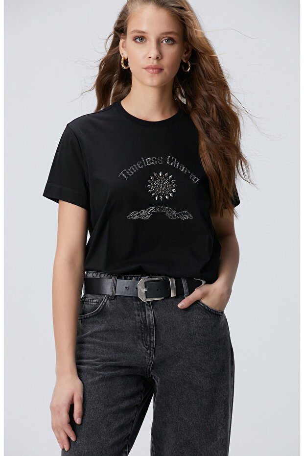 Siyah Taş İşlemeli T-shirt - 4