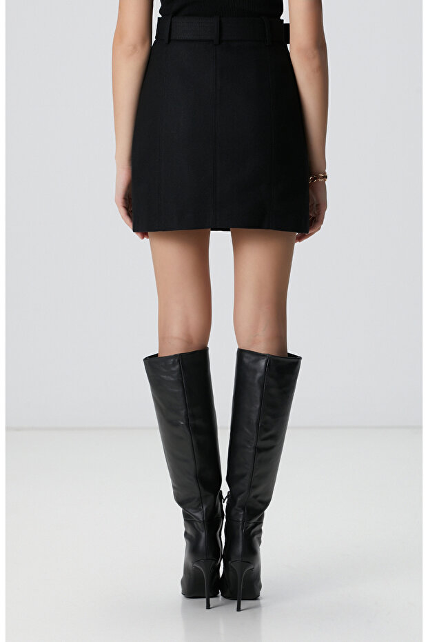 Siyah Yün Karışımlı Mini Etek - 5