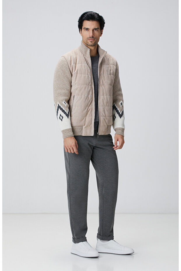 Bej Triko Detaylı Deri Mont - 4