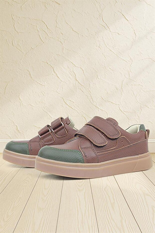 Brown Green Genuine Leather Velcro Girls' Sneaker Shoes