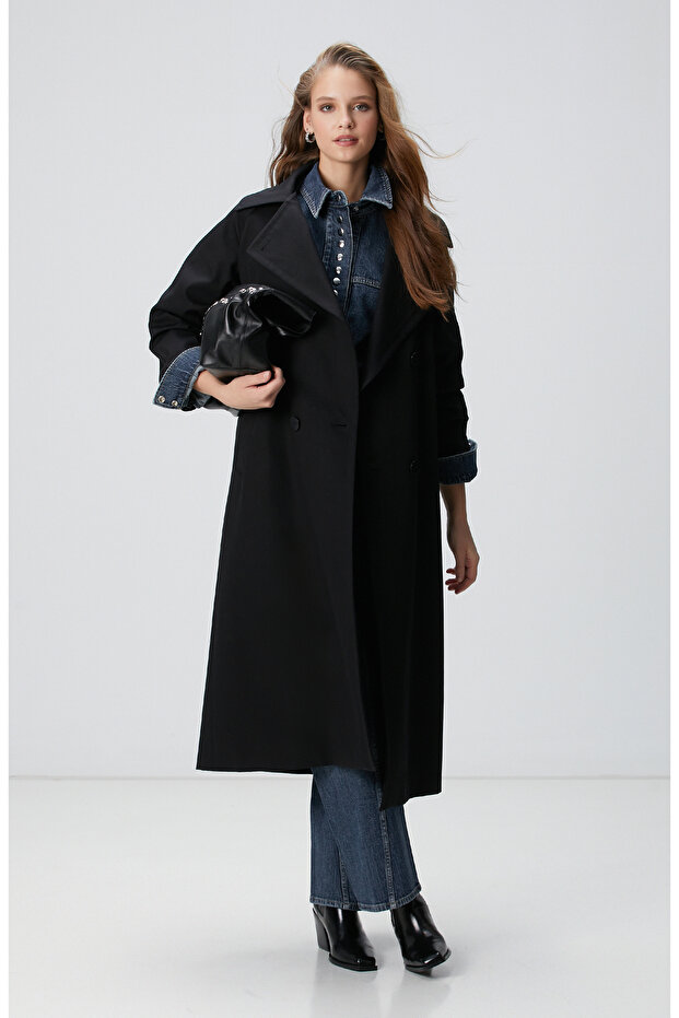 Siyah Kruvaze Trench Coat - 1