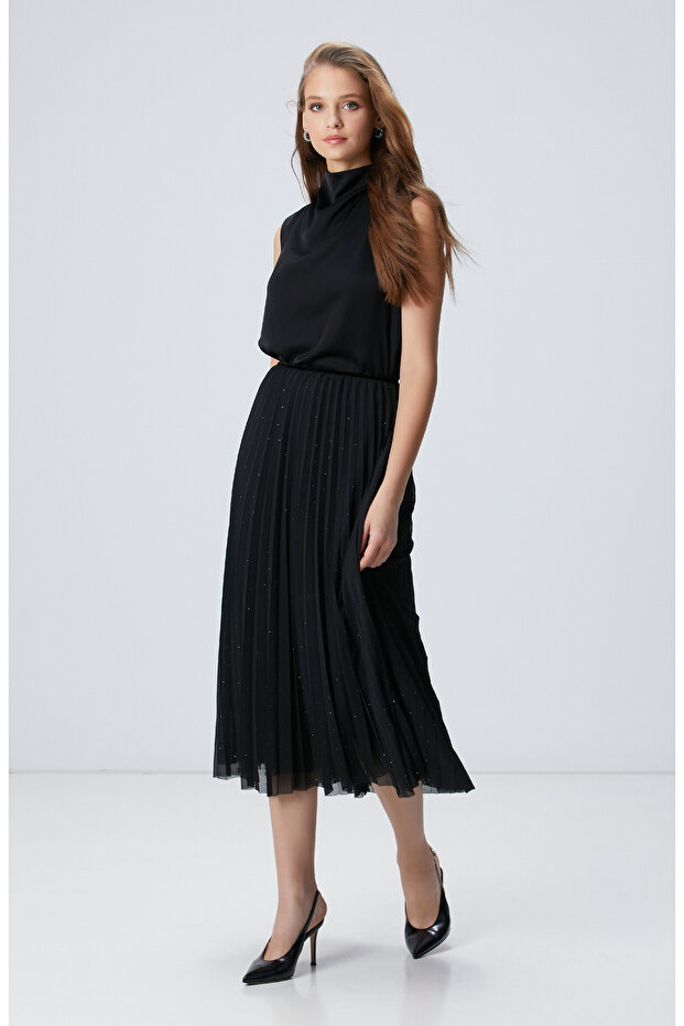 Siyah Payetli Tül Midi Etek - 1