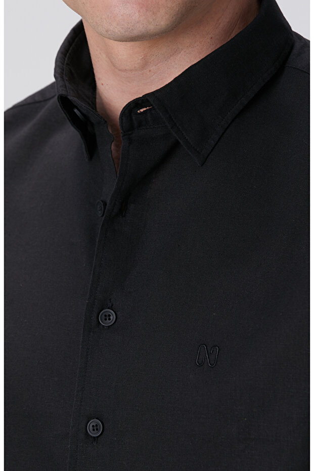 Siyah Keten Karışımlı Gömlek - 6