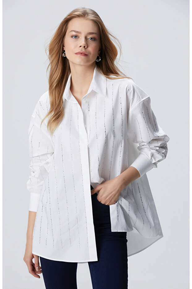 Beyaz Taş Baskılı Gömlek - 1