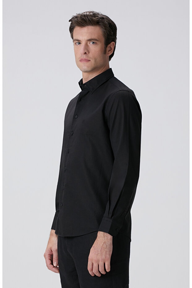 Siyah Keten Karışımlı Gömlek - 4