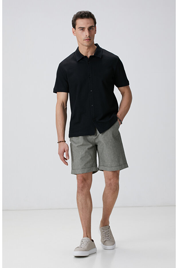 Haki Keten Karışımlı Şort - 1