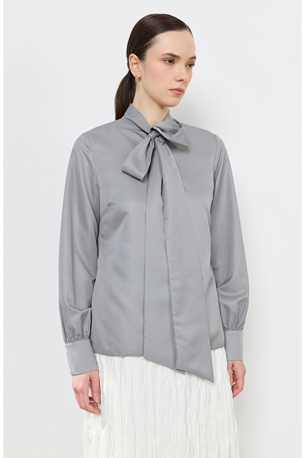 Fiyonklu Basic Gömlek Gri - 1