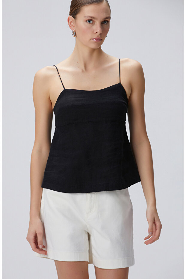 Siyah Keten Plaj Bluz - 4