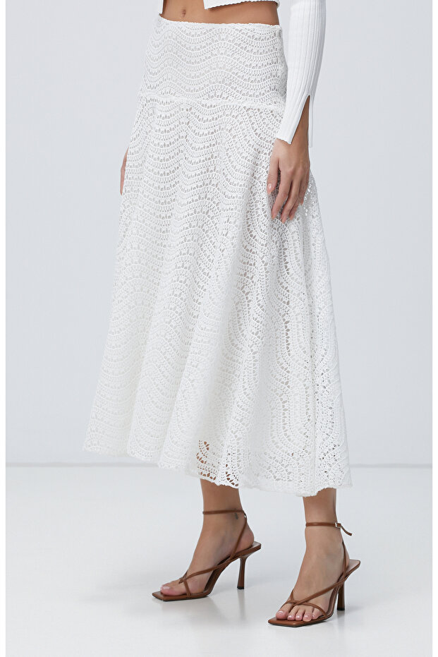 Beyaz Güpürlü Midi Etek - 3