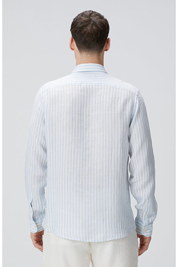 Mavi Beyaz Keten Gömlek - 5