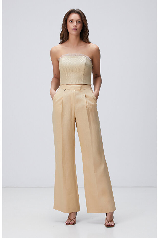 Bej Keten Pantolon - 1