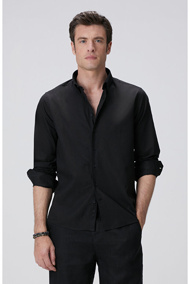 Siyah Keten Karışımlı Gömlek - 1