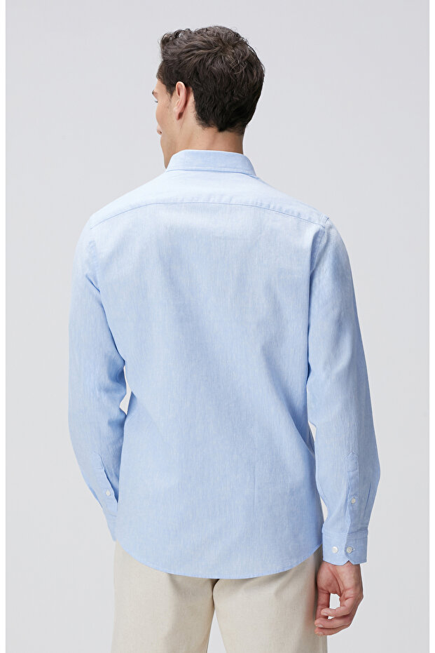Açık Mavi Keten Gömlek - 5