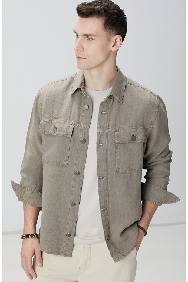 Haki Keten Dış Gömlek - 2