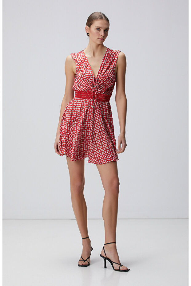 Kırmızı Desenli Mini Elbise - 4