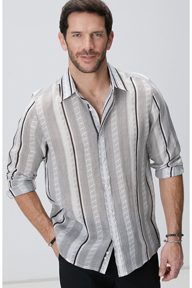 Siyah Beyaz Keten Gömlek - 1