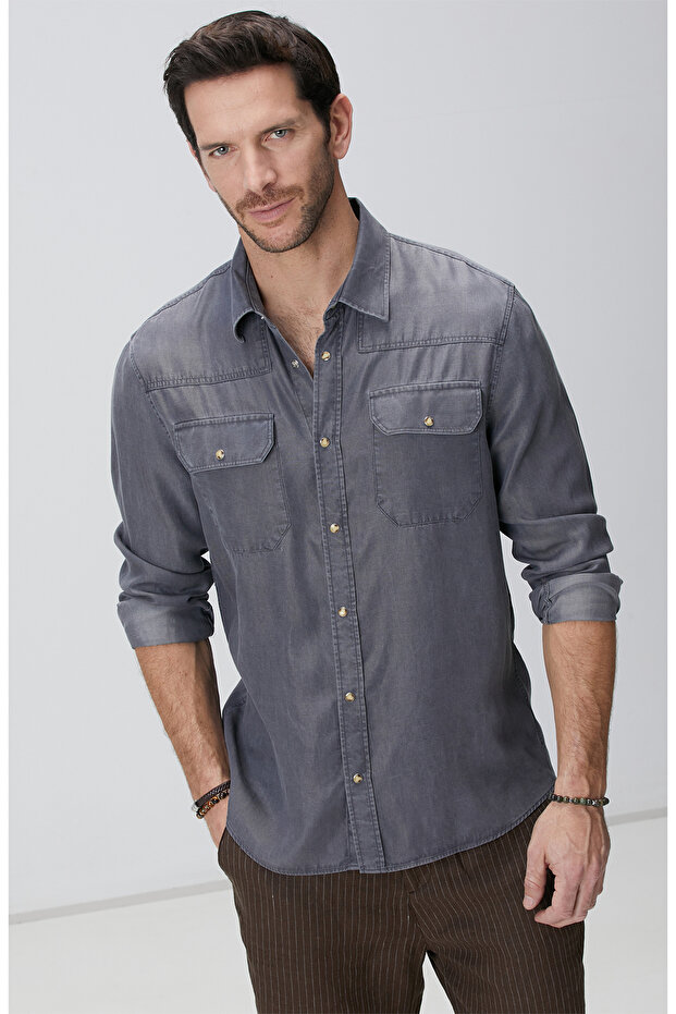 Gri Non Denim Gömlek - 1