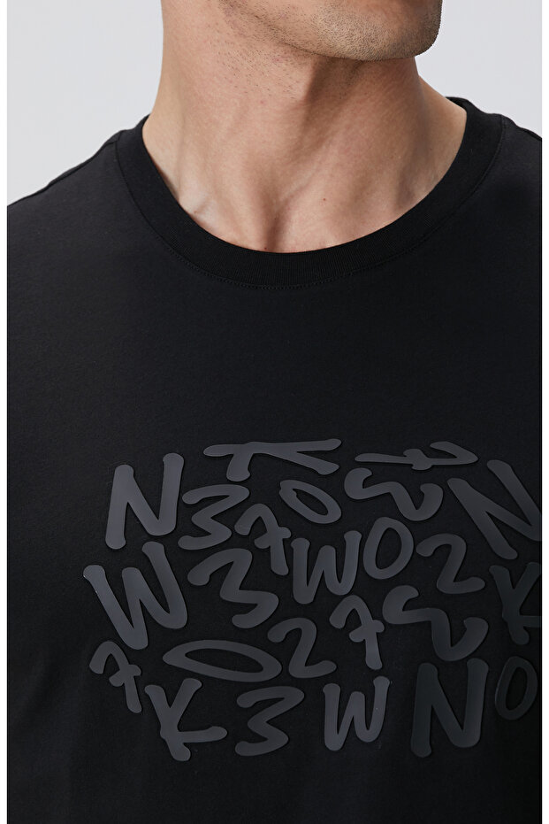 Siyah Network Baskılı Örme T-shirt - 6