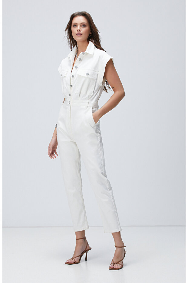 Kırık Beyaz Denim Tulum - 1
