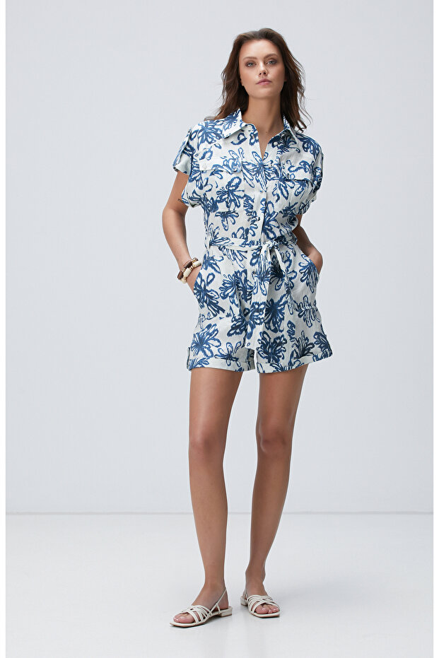 Mavi Desenli Keten Tulum - 3